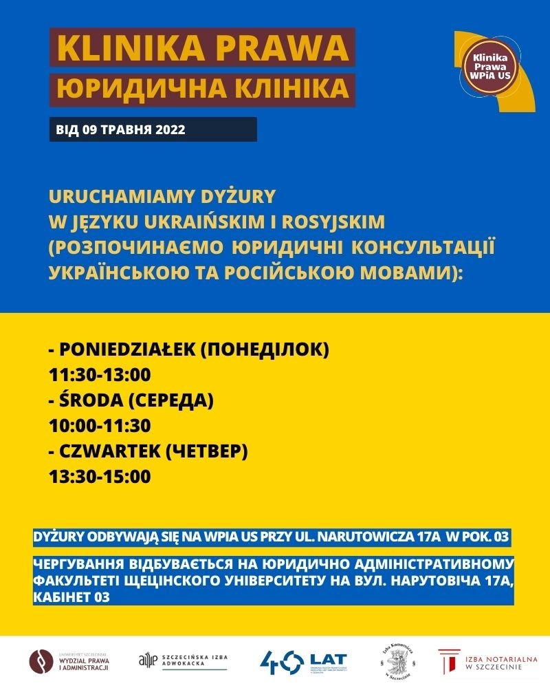 Dyżury Kliniki Prawa WPiA US w języku ukraińskim i języku rosyjskim